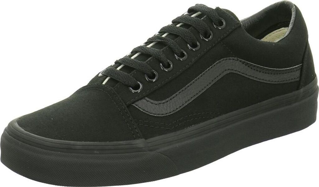 A black Vans Old Skool sneaker is shown from a side angle against a white background.