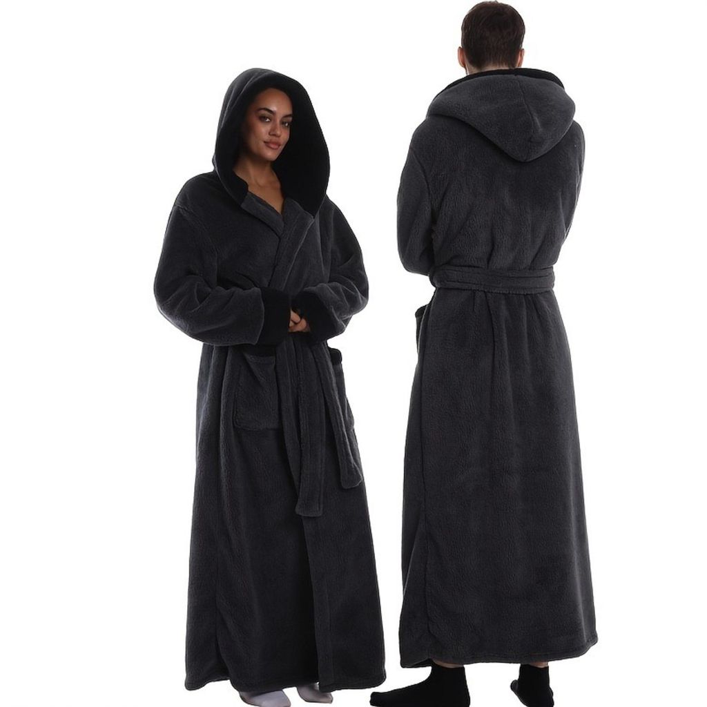 Kuschel Fleece Kapuzen Bademantel für Damen & Herren - Geschenkidee, Homewear Hooded Bademantel für Paar, Farbe: Dunkelgrau, Größe: M