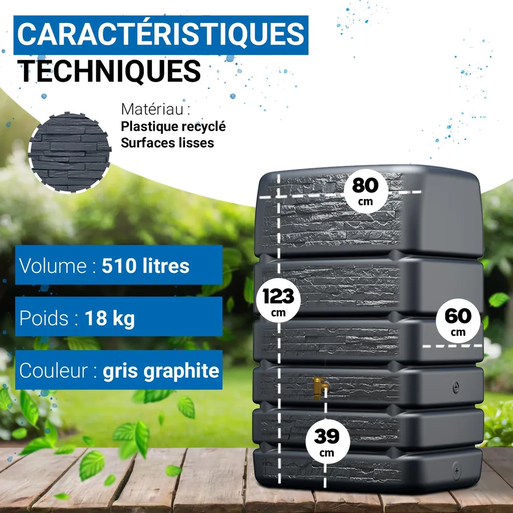 Cuve à eau murale 510L pour arrosage jardin 4rain graphite