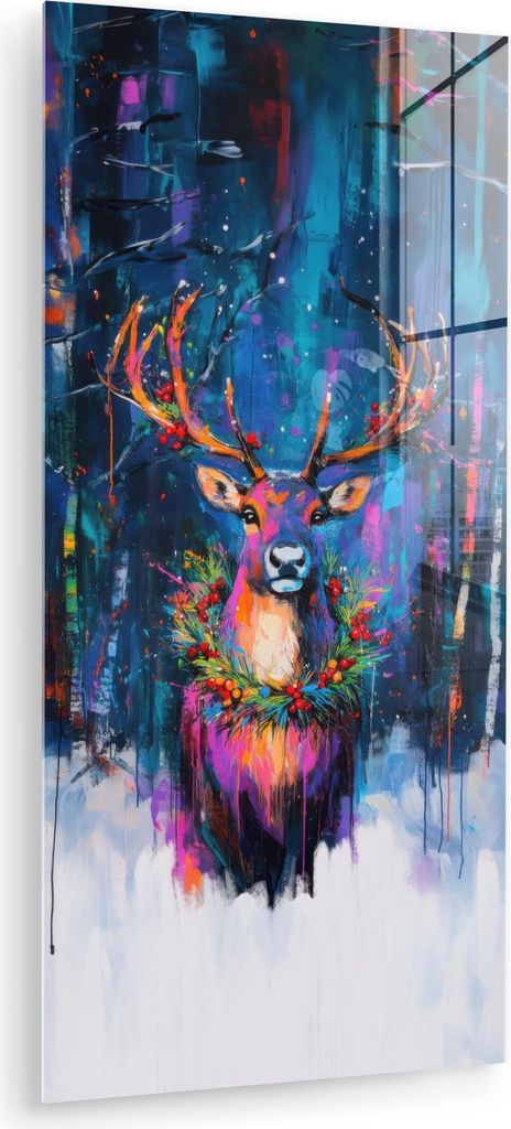 MuchoWow Glasbilder - Bilder auf Wandbild - Foto auf Glas Rentier - Kranz - Märchenhaft - Blau 60x120 cm Wanddekoration aus Glas - Acrylglasbild -...