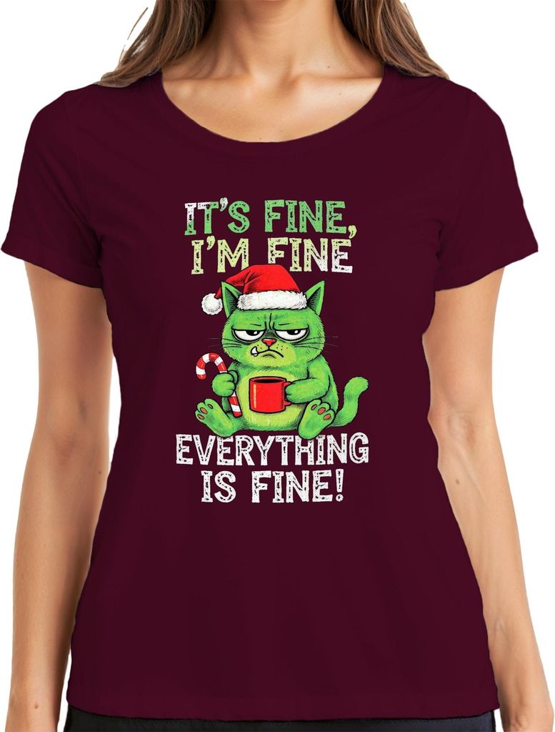 It's fine I'm fine everything is fine grumpy cat lustig weihnachten Damen T-Shirt, Burgundy, XL