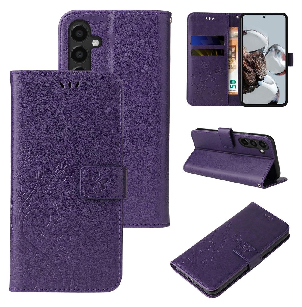 A collage of images showing a purple floral butterfly flip phone case from multiple angles.