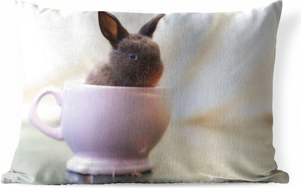 MuchoWow Outdoor Kissen - Kaninchen - Baby - Teetasse - 50x30 cm - Wetterfest - Lounge Kissen - Sofa kissen - Wohnzimmer Dekoration