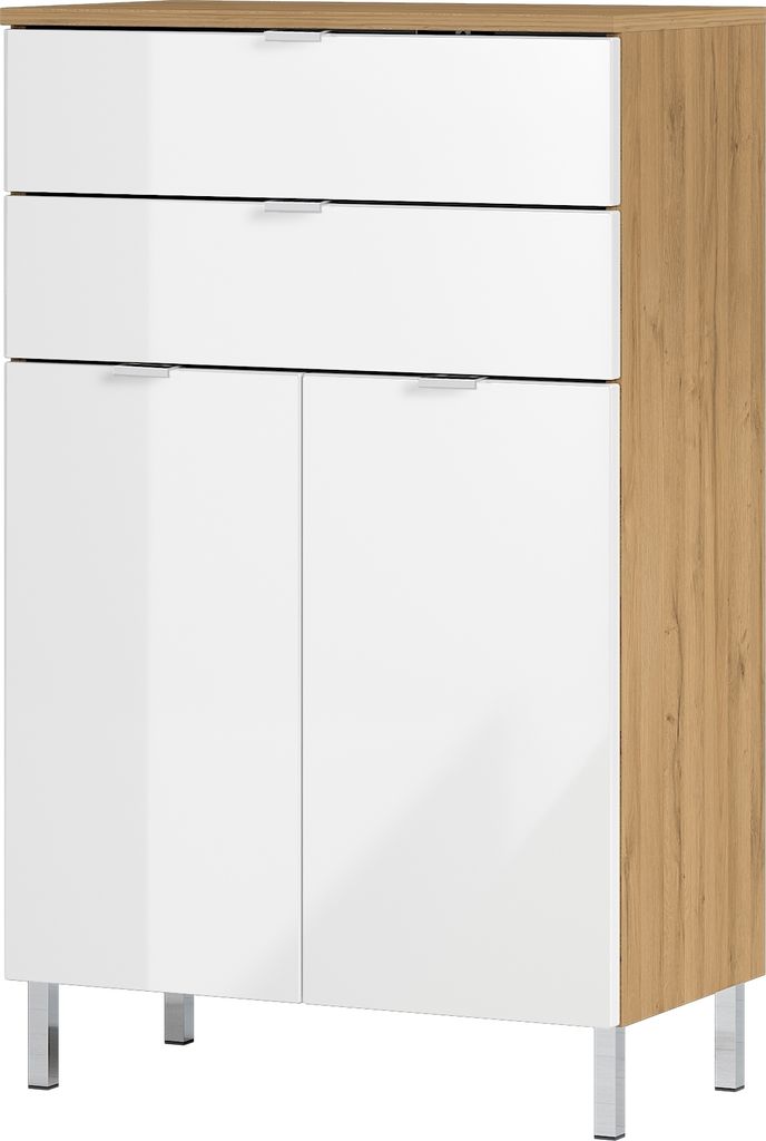 Kommode "415" in hellbraun | weiss mit 2 Schubladen und 2 Türen. Abmessungen (BxHxT) 60x97x34 cm