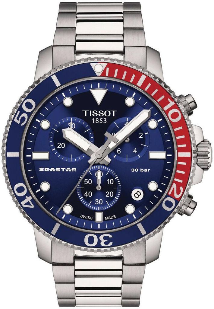 A close-up studio shot of a Tissot Seastar 1000 Quarz-Chronograph men's watch.