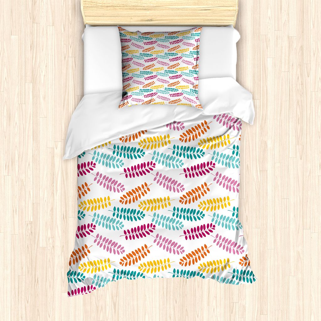 ABAKUHAUS Blätter Bettbezug Set für Einzelbetten, Silhouette Laub Grafik, Milbensicher Allergiker geeignet mit Kissenbezug, 135 cm x 200 cm - 80 ...