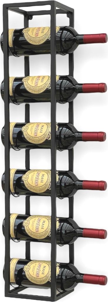 A black metal wine rack holding six bottles of red wine.