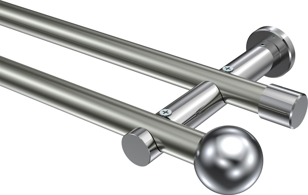 Interdeco Gardinenstange / Vorhangstange Edelstahl-Optik / Chrom, Typ Platon Luino (Kugel) ohne Ringe, 20 mm Ø 2-läufig, 100 cm