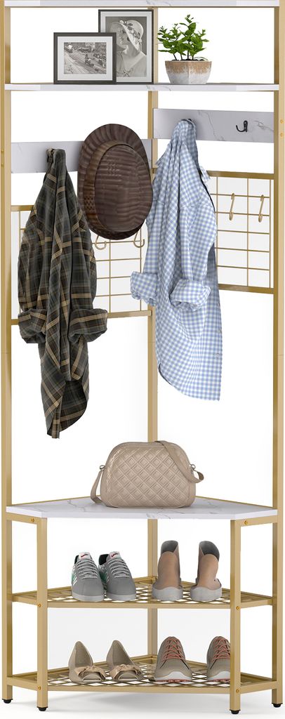 COSTWAY Eck-Garderobenständer, 5-stöckiger Garderobenständer mit Schuhbank, 12 Metallhaken, 183 cm hoher Schuhregal, Kleiderständer Weiß