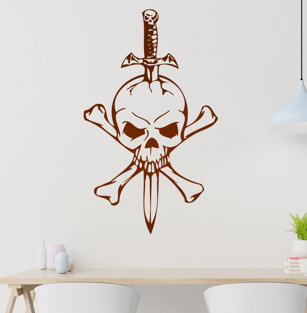 Schädel mit Dolch Wandtattoo in 6 Größen - Wandaufkleber Wall Sticker - Dekoration, Küche, Wohnzimmer, Schlafzimmer, Badezimmer