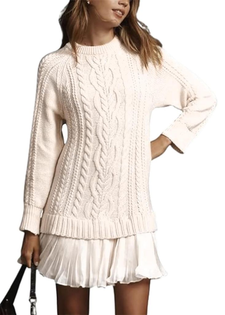 ASKSA Damen Pulloverkleid Cable Knit Rundhals Strickkleid Einfarbig Langarm Minikleid Freizeitkleider Pullover (Apricot,XL)