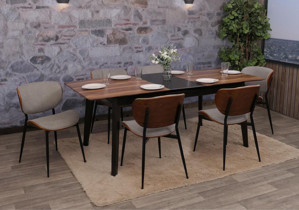 6er-Set Esszimmerstuhl HWC-O45, Bugholz Stoff (370g/m²) - Walnuss-Optik, hellgrau