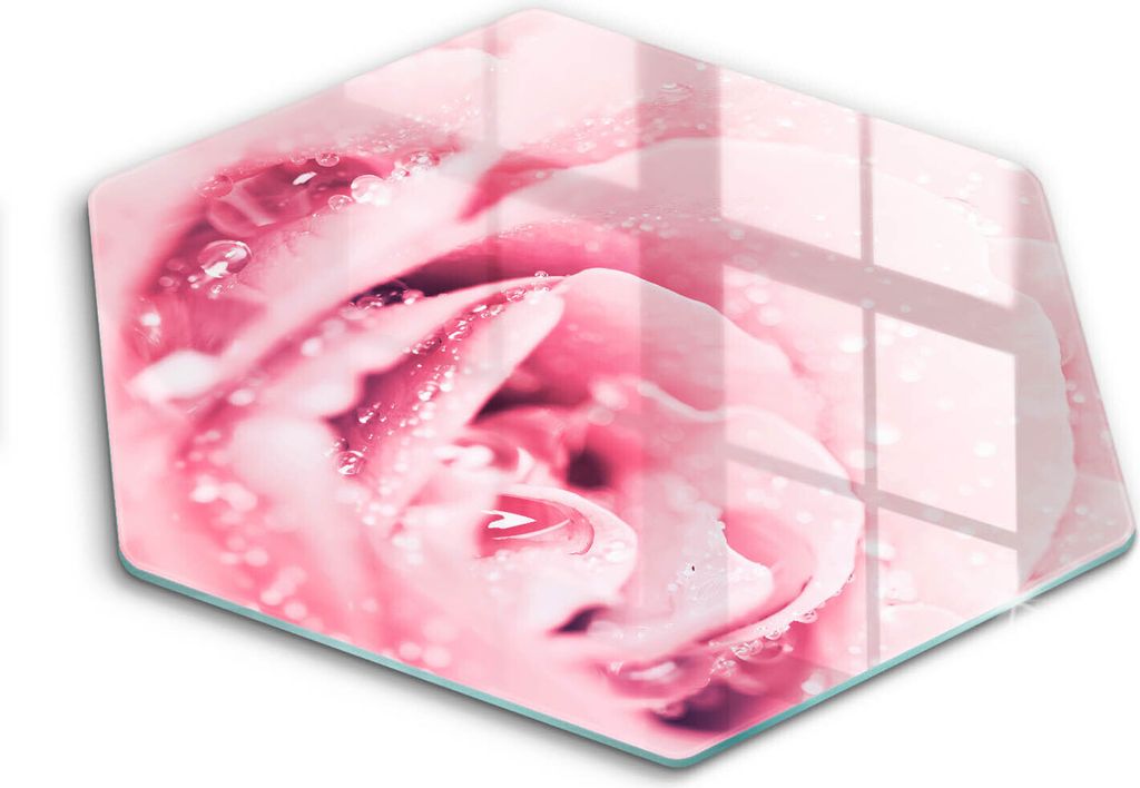 Glasschneideplatte - Herdabdeckplatte - Hexagon 40 cm -Schneidebrett - Spritzschutz - Rosa Tropfen und Rosenblume
