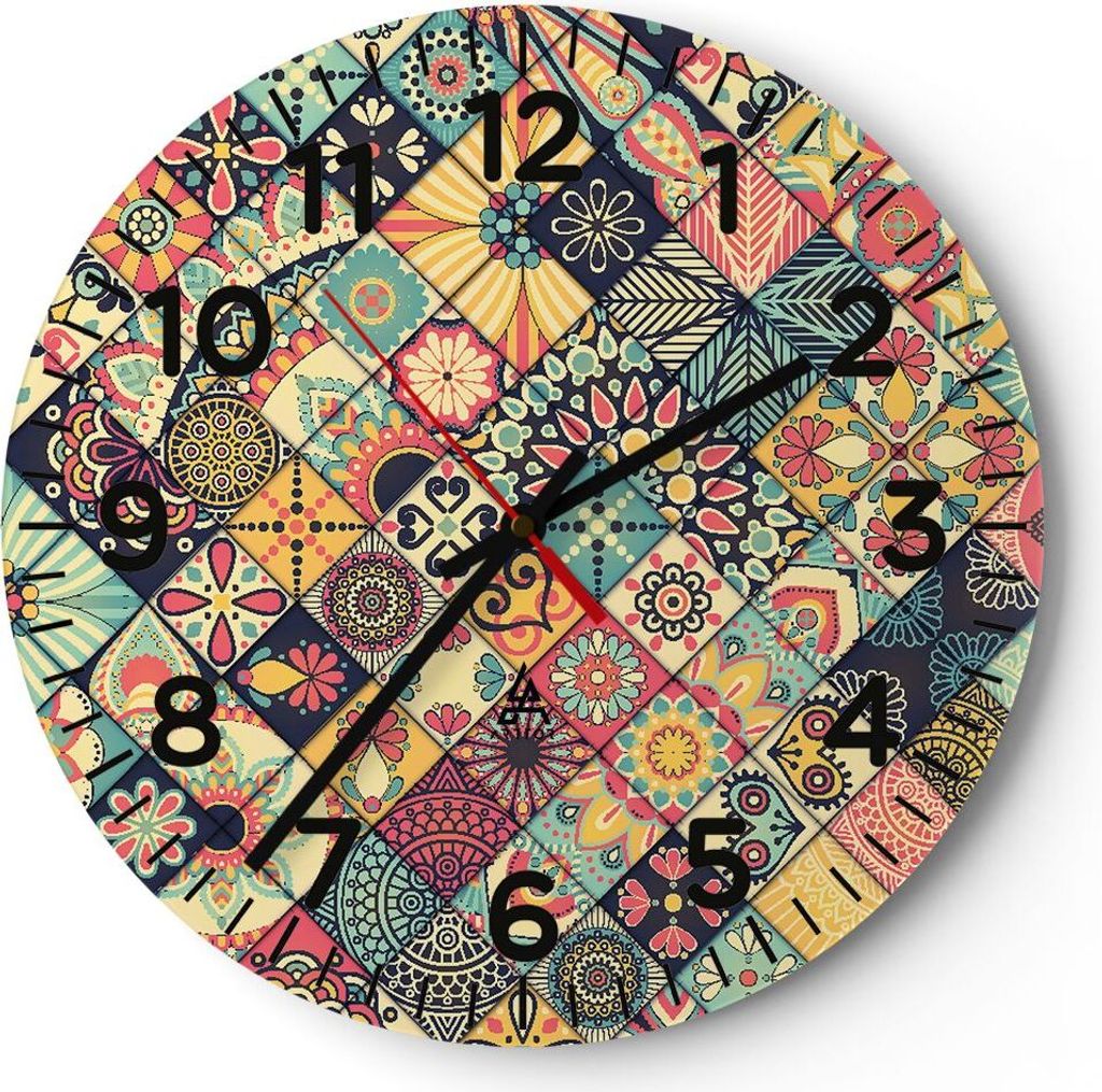 Wanduhr - Rund - Glasuhr - Blumen Mosaik - 40x40cm - Schleichendes Uhrwerk - Lautlos - zum Aufhängen bereit - Dekoration Modern - Wanddekoration a...