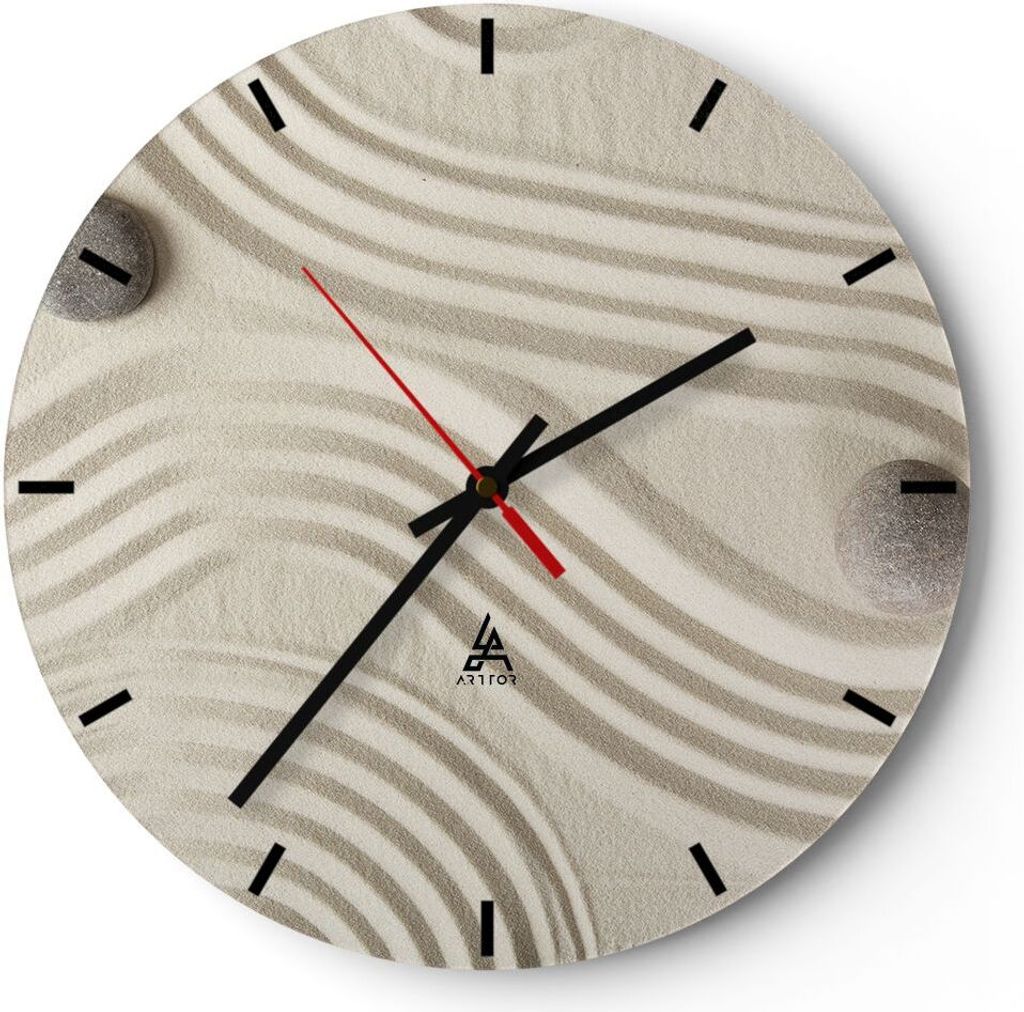 Wanduhr - Rund - Glasuhr - Steine Figuren Sand - 30x30cm - Schleichendes Uhrwerk - Lautlos - zum Aufhängen bereit - Dekoration Modern - Wanddekora...