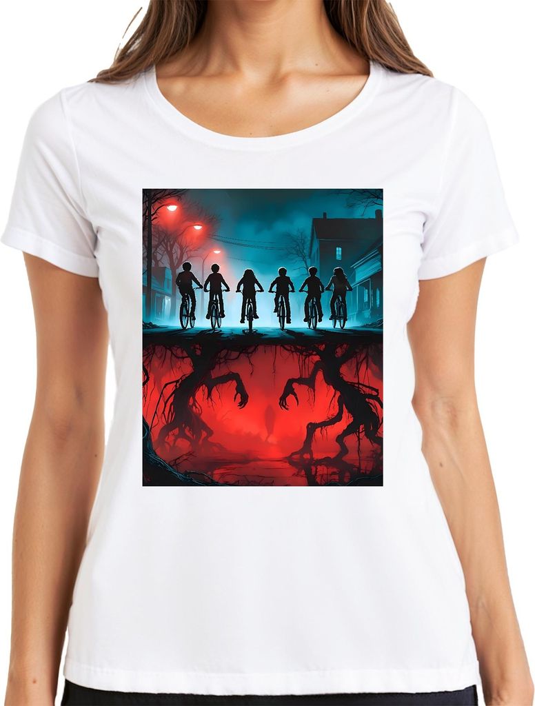 Upside Down Kinder Fahrräder Horror 80er Retro Mystery Hawkins Damen T-Shirt, Weiß, XXL