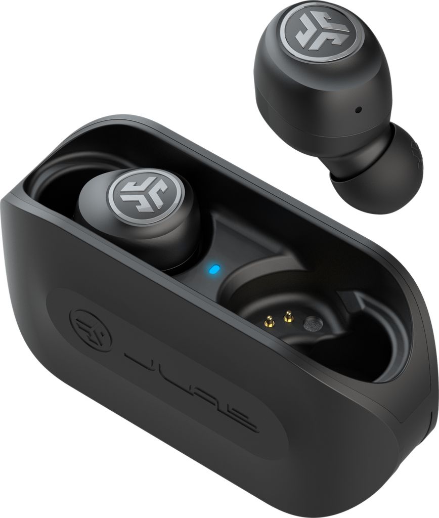 A pair of black JLab GO Air True wireless earbuds are shown in their charging case, with one earbud outside the case.