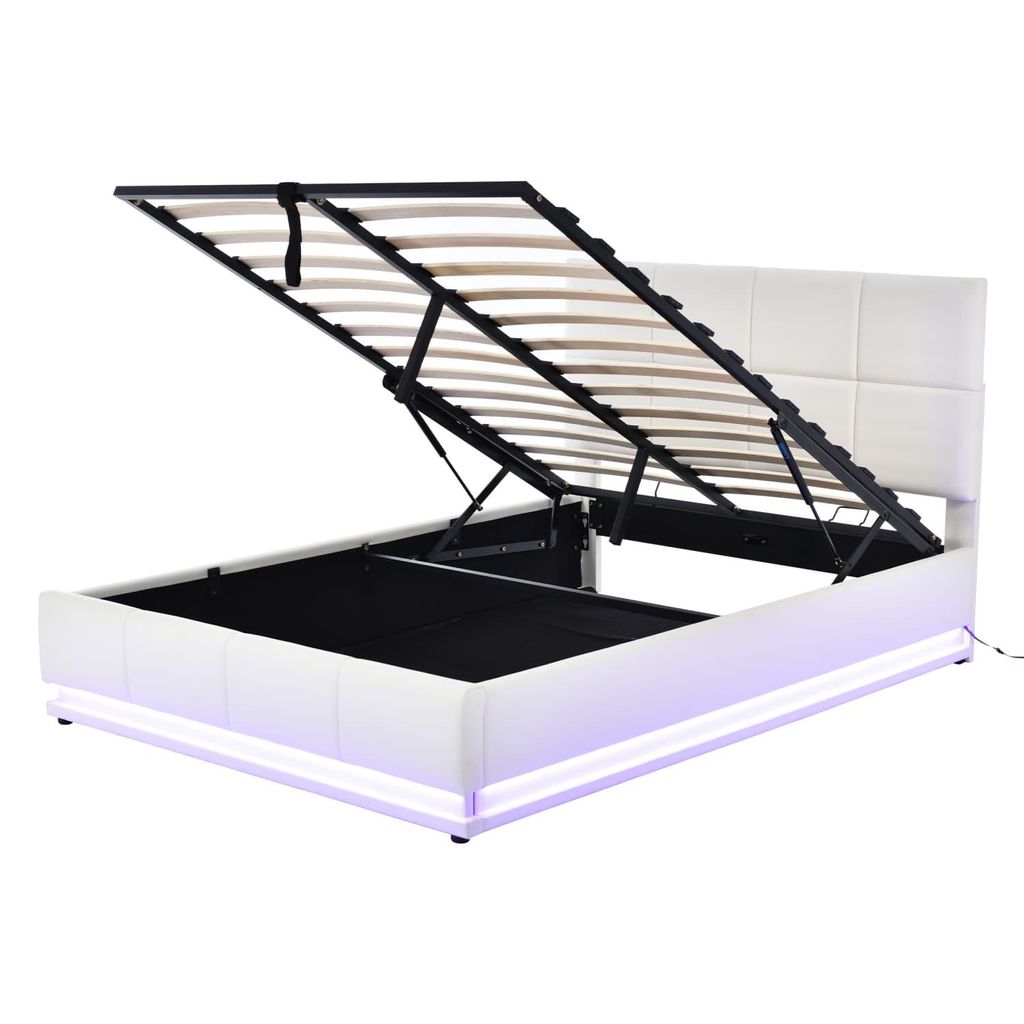 Polsterbett 140x200 cm mit LED Beleuchtung & Hydraulisch anhebbarer Bettstauraum ,Bettkasten & Lattenrost Bezug aus Kunstleder Doppelbett Jugendbett