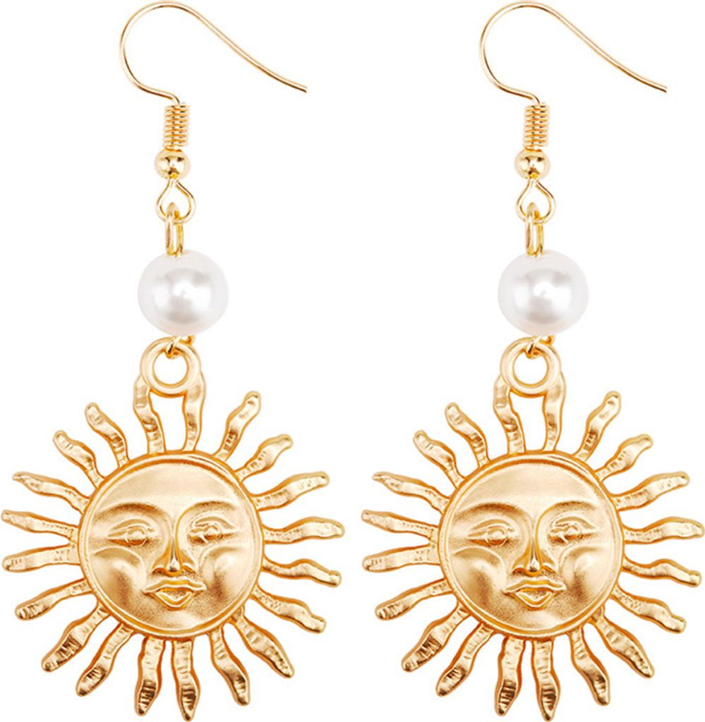 Damenmode Sonne lächelndes Gesicht Faux Pearl Drop Dangle Hook Ohrringe Schmuck-Golden
