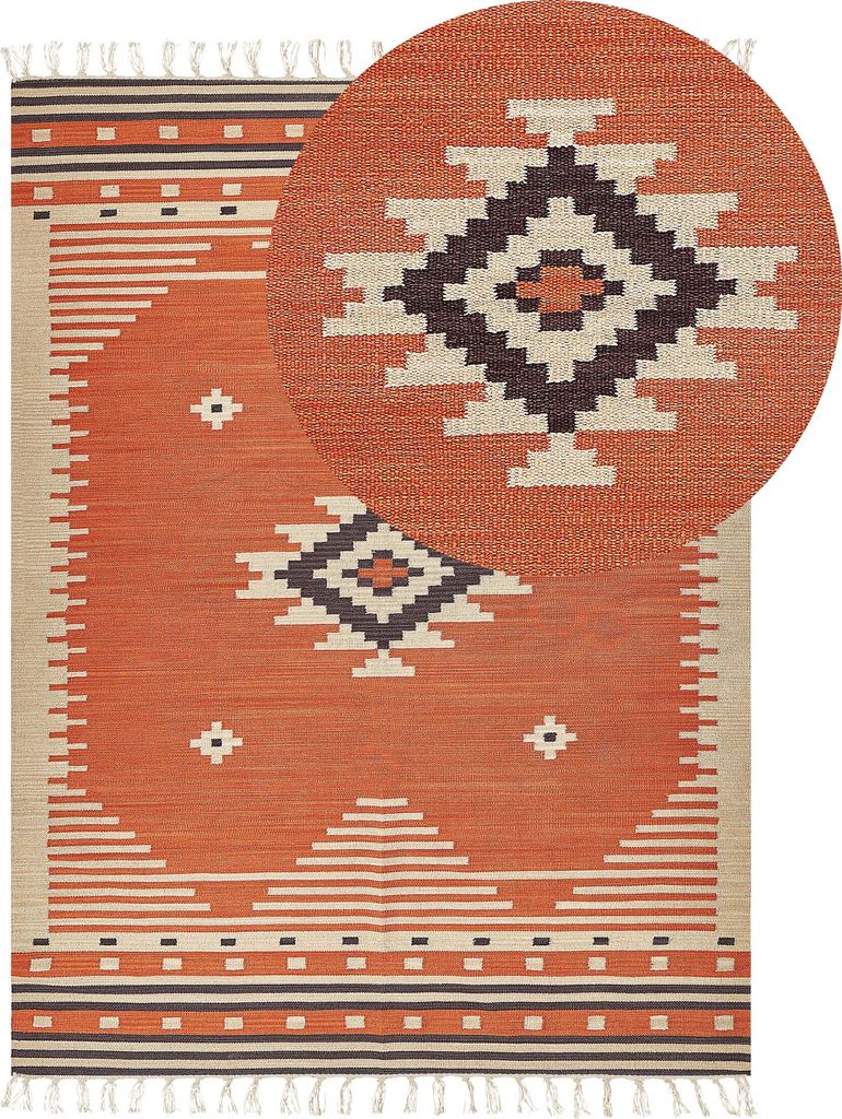 BELIANI Kelim-Teppich Orange Baumwolle 140 x 200 cm mit Fransen Geometrischem Muster Handgewebt Zweiseitig Modern Wohnzimmer Schlafzimmer