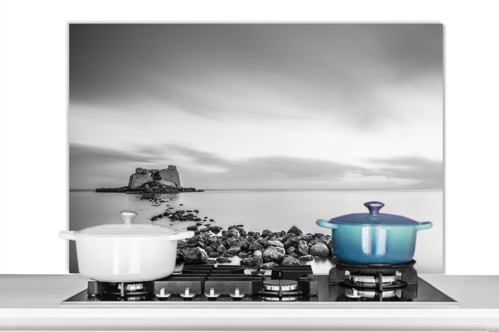 KitchenYeah Spritzschutz Küche - Küchenrückwand - Wandschutz für Herd und Spüle - Steine im Wasser schwarz und weiß 100x65 - Alu-Dibond (A...