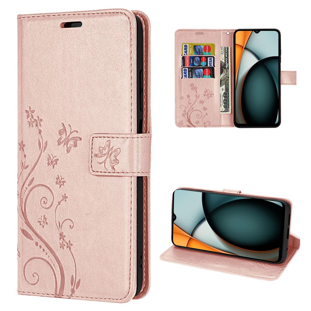 Collage of a rose gold flip phone case with floral and butterfly design, showing the case closed, open with cards and cash, and the phone inside.