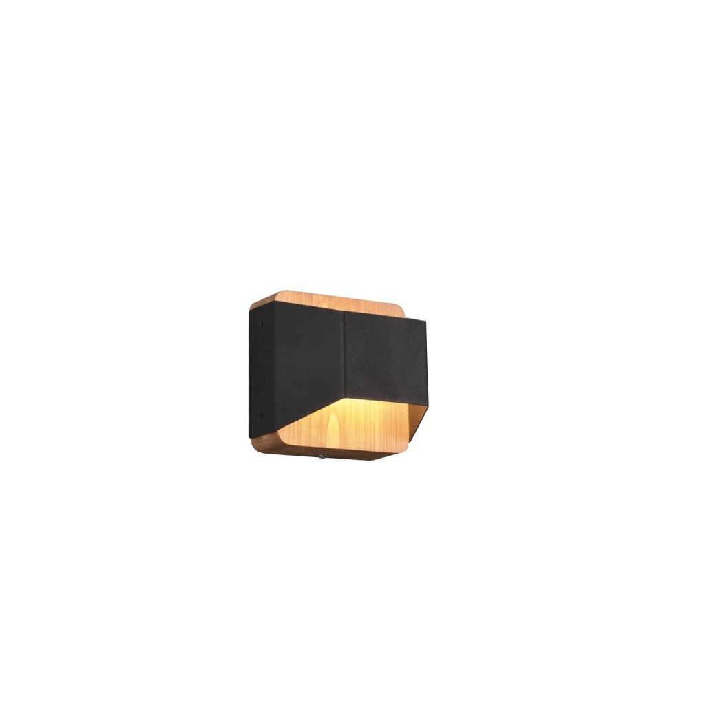 A modern wall lamp with a black and wood finish, illuminated from within.