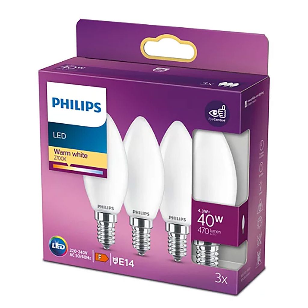 Philips Świeczka żarnikowa matowa 40 W B35 E14 x 3, 4,3 W, Zdjęcie produktu 