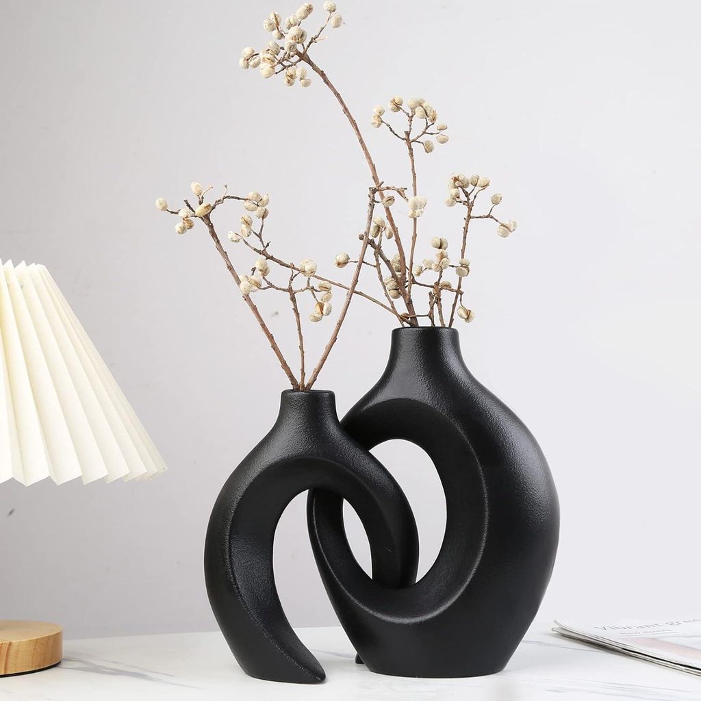 2er Keramik Vase, Pampasgras Vasen matt, Dekovase, Handgefertigte Getrocknete Blumenbehälter, Boho Blumenpflanzenbehälter, Kunsthandwerk, Schwarz