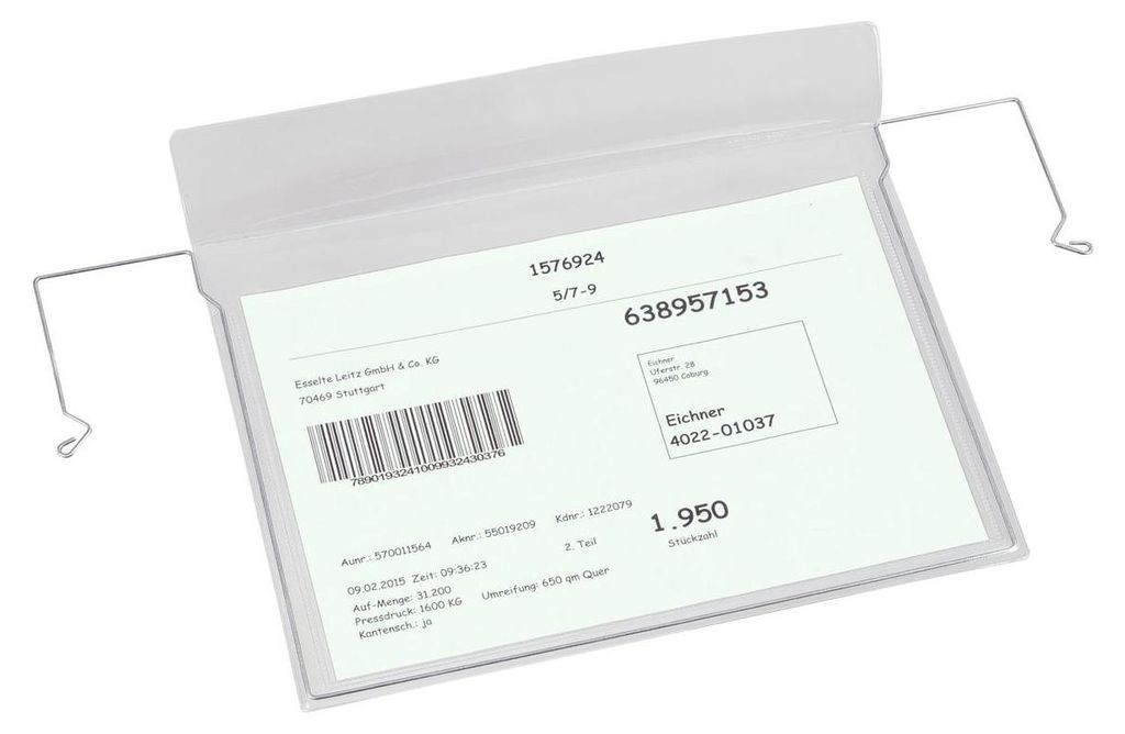 Drahtbügel-Sichttasche, mit Klappe, zur Anbringung an Gitterboxen, Transportkisten, Kartons, Kunststoffkästen etc, Transparent, Maße (BxH) 330 x...