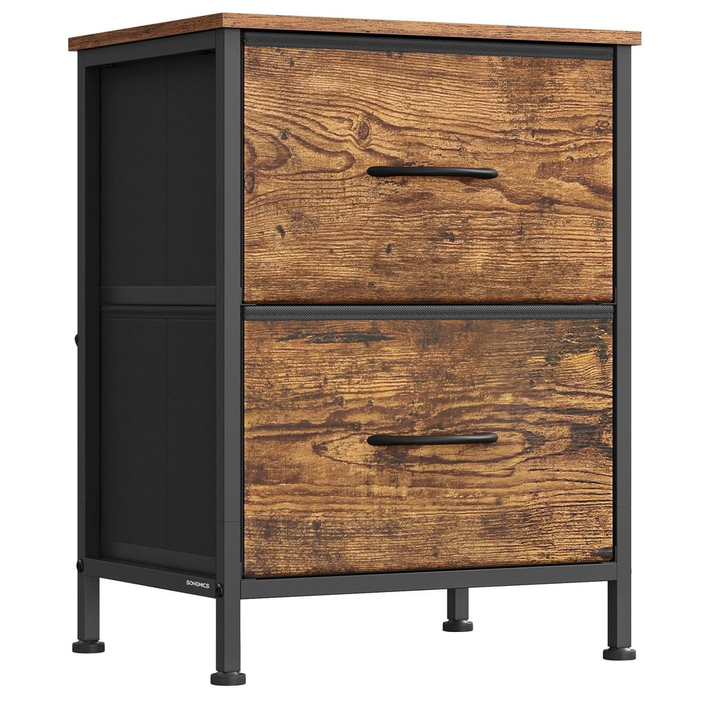 A two-drawer chest of drawers with a rustic wood-grain finish and black metal frame, presented against a white background.