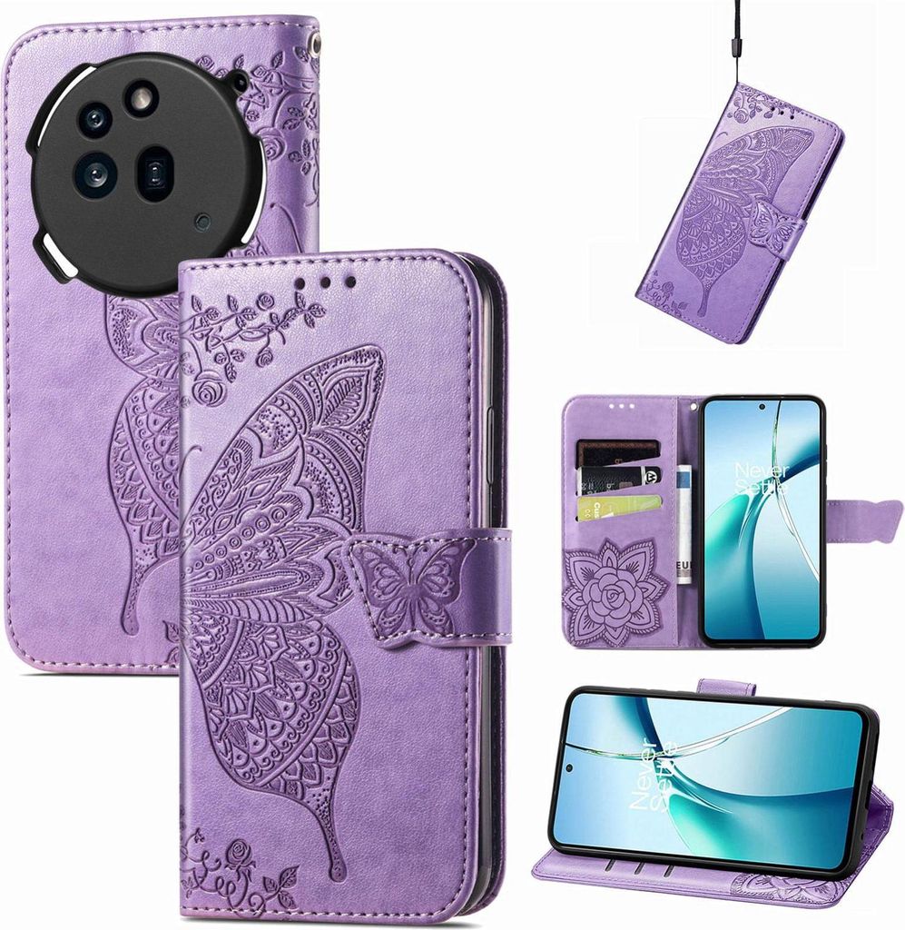 Für Nothing Phone 3a Pro Kunstleder Wallet Handy Tasche Schmetterling Design Hülle Etuis Hell-Lila