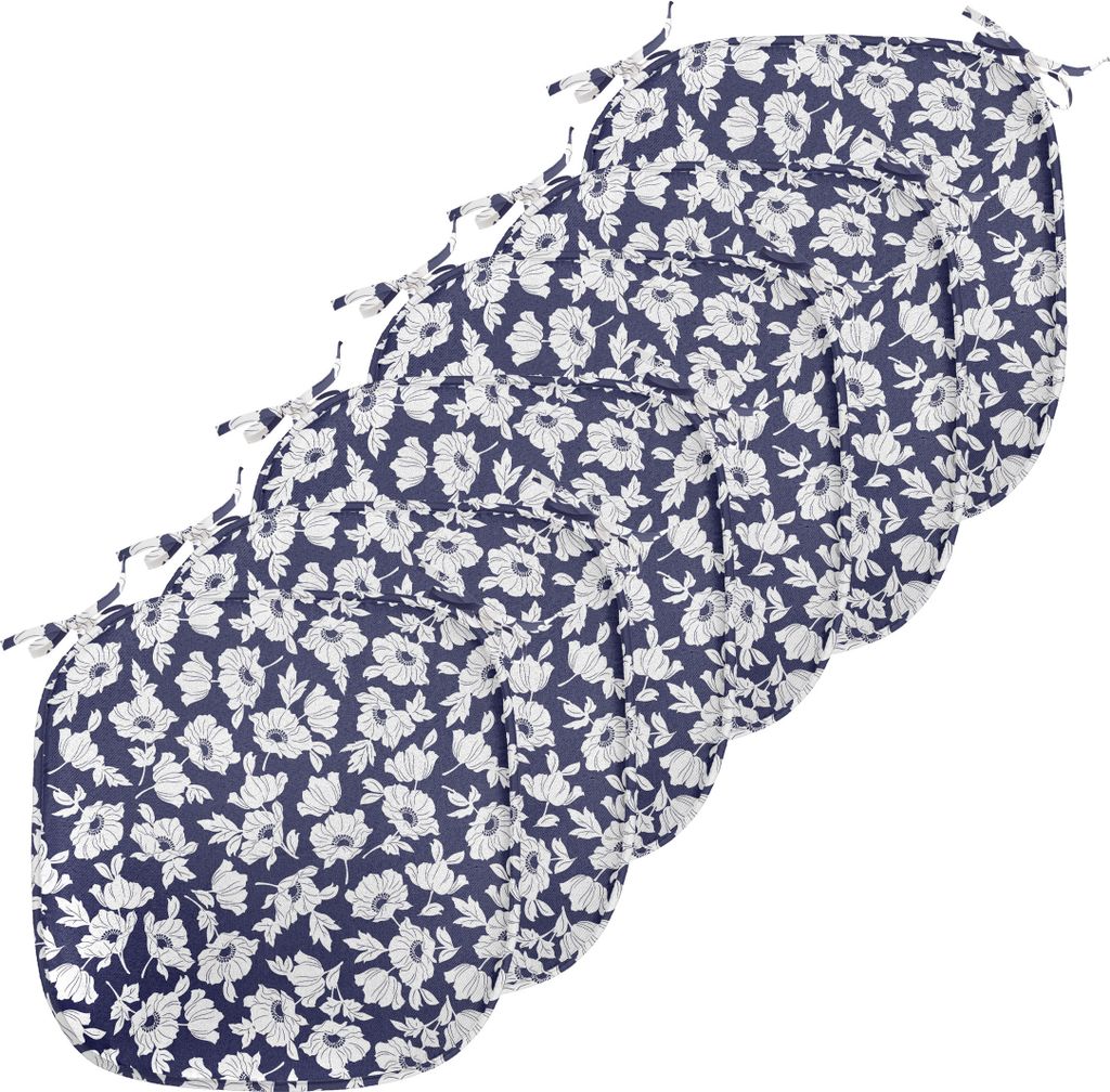 ABAKUHAUS Marine und Weiß Polster für Esszimmerstühle, Poppy Corsage, Dekoratives wasserfestes Kissen mit Riemen für Küchensitze, 40 cm x 40 c...