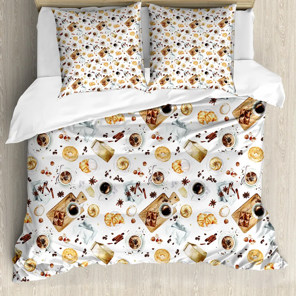 Parure de lit 155x220 cm motif café et bagels pour une décoration moderne