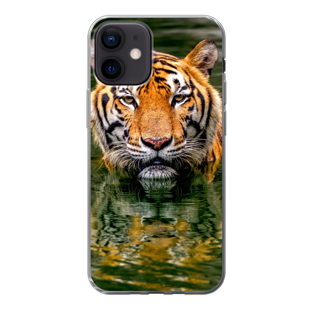 MuchoWow Handyhülle Schutzhülle Hülle für iPhone 12 Tiger - Wasser - Spiegelung Silikon Softcase Handy Hülle - Schutzhülle