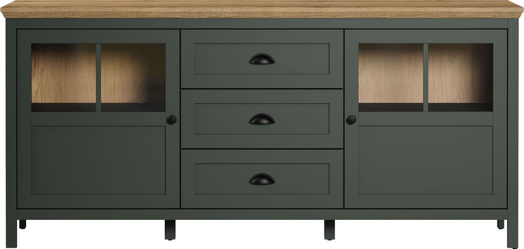 A front view of a dark green sideboard with a wooden top and black handles, set against a white background.