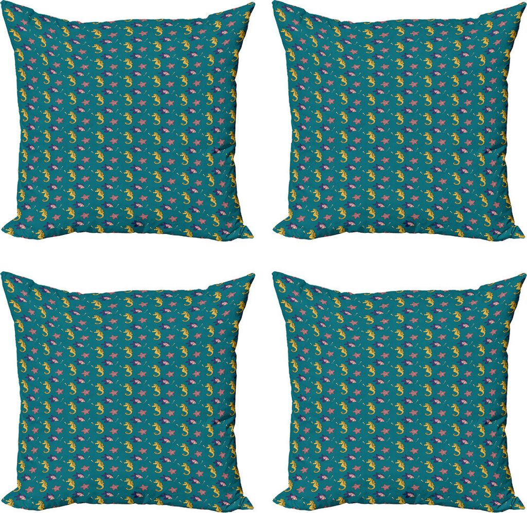 ABAKUHAUS Nautisch Kissenbezug Set (4 Stück), Childish Leben im Wasser Kunst, Moderner Doppelseitiger Digitaldruck, 50 cm x 50 cm, Petrol Blau Mul...