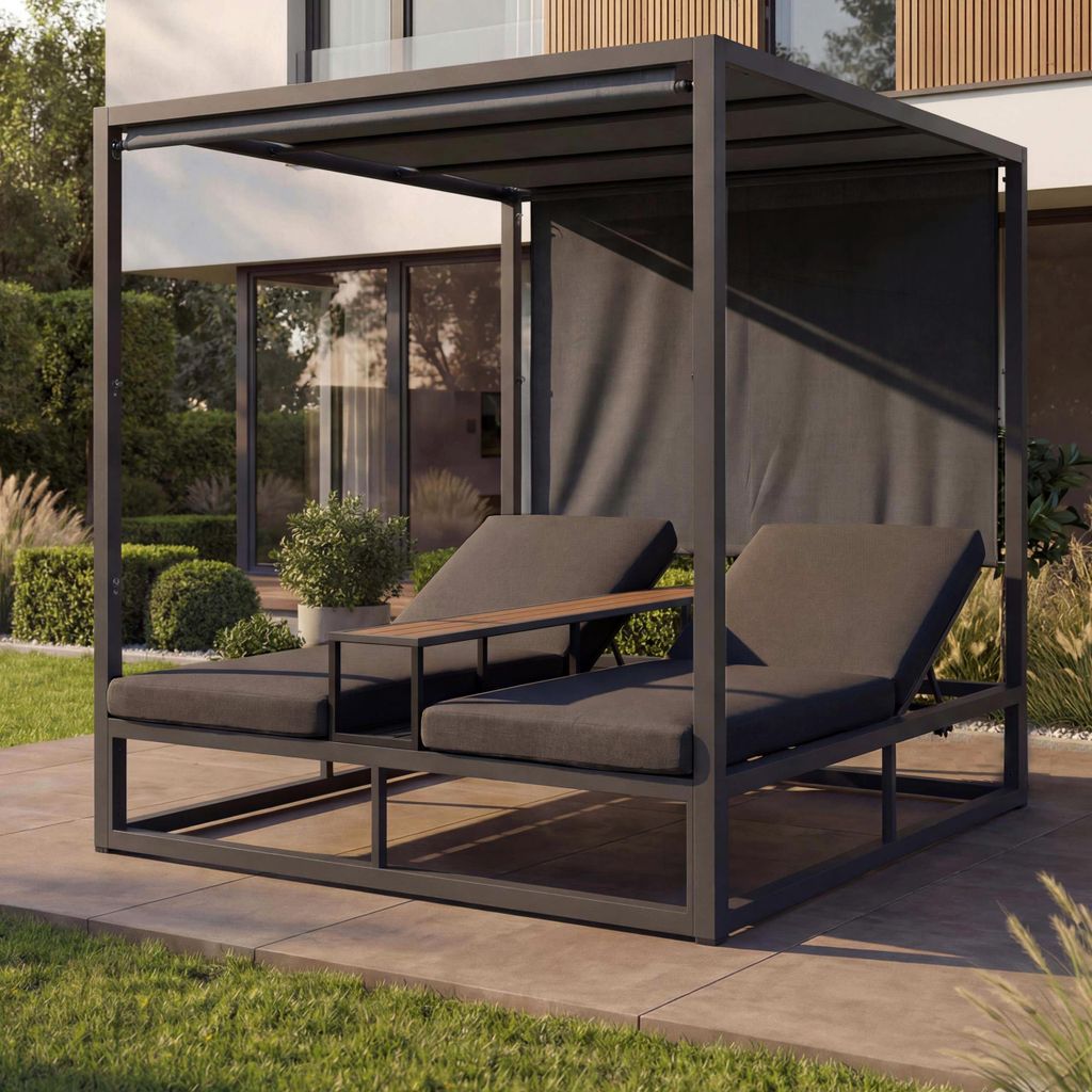 Alu Lounge-Gartenliege HWC-P81, Sonnenliege Daybed, 10cm-Polster 220g/m² 196x165x196cm dunkelgrau, Polster dunkelgrau