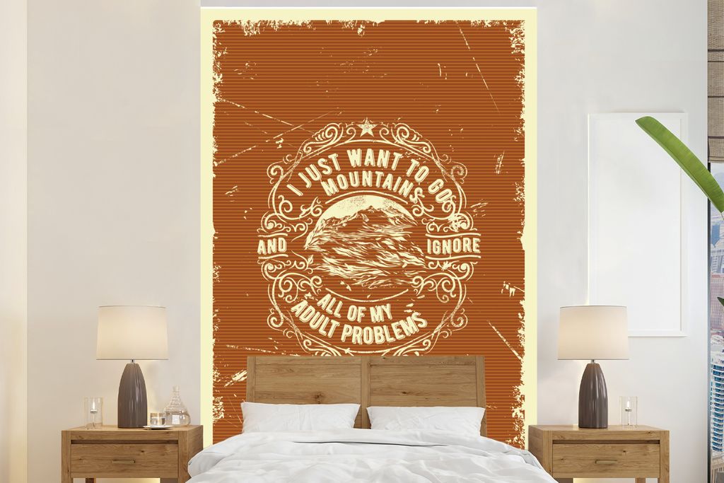 MuchoWow Fototapete für Wohnzimmer oder Schlafzimmer Wandtapete Vinyl Motivtapete Jahrgang - Berg - Text - 200x300 cm - Wanddekorationen