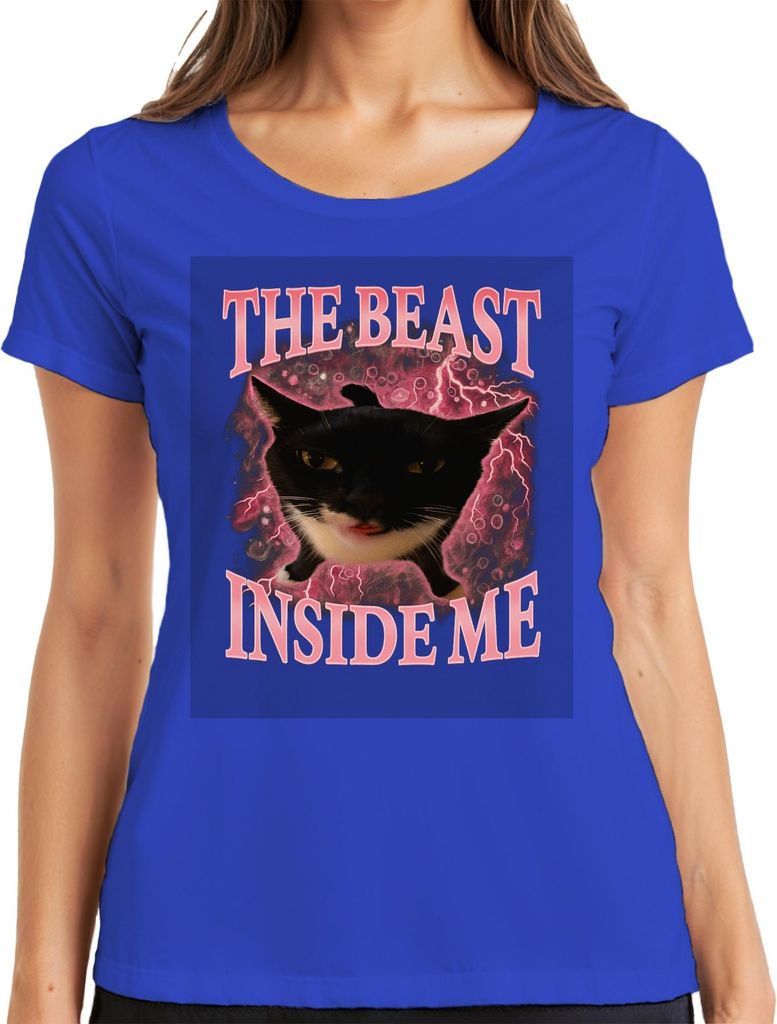 Die Bestie in mir ist unaufhaltsam schwarze Katze rosa Blitz Damen T-Shirt, Blau, M