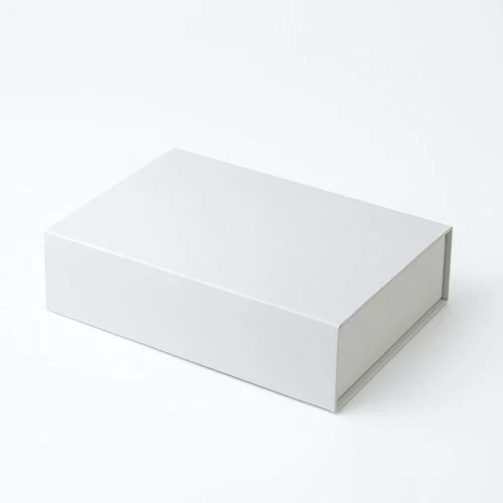 A white gift box is shown against a white background.