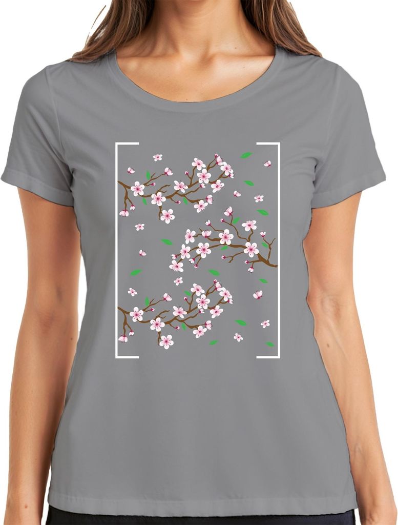 Kirschblüten Sakura Zweige Frühling Japanisch Blütenmuster Stil Damen T-Shirt, Grau, L