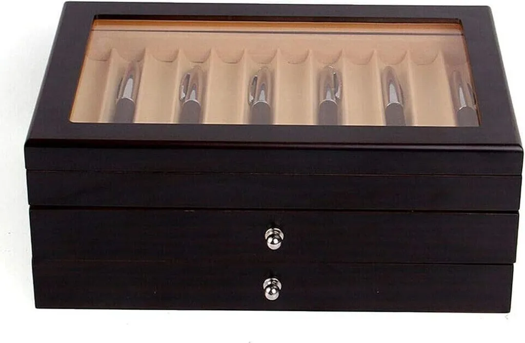 Rangement stylos bois noir pour collectionneur : 3 tiroirs et fenêtre - 5