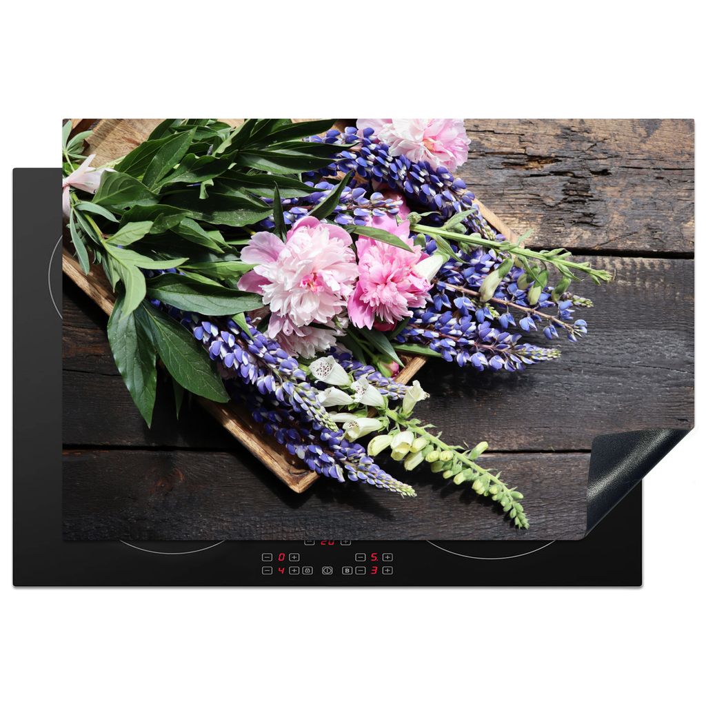 KitchenYeah Herdabdeckplatte Blumen - Vintage - Holz , 78x52cm, Küche Deko, Glaskeramikkochfeld Herdabdeckung, Abdeckplatte fùr Kochfeld