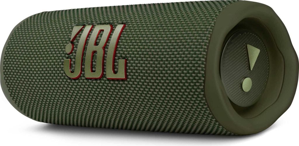 A green JBL Flip 6 portable waterproof speaker is shown against a white background.