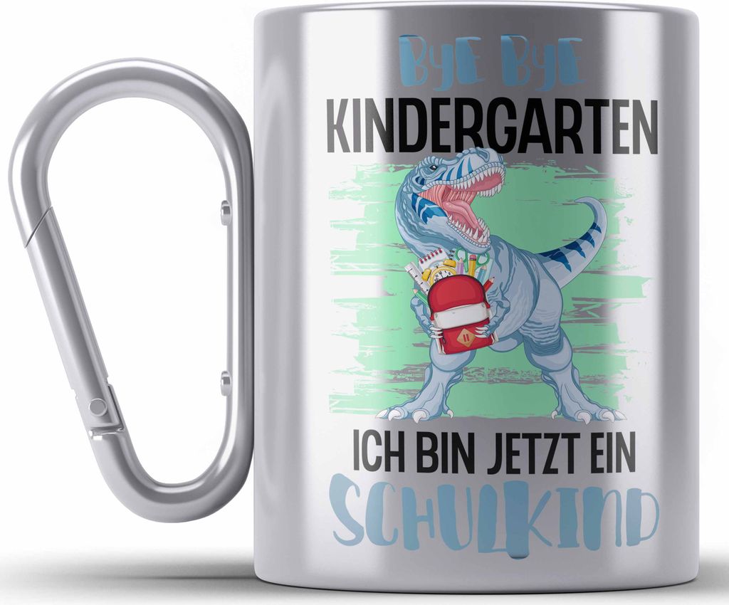 Trendation - Einschulung Junge Dino Geschenk für Schultüte Füllung Edelstahl Tasse Karabiner Schulstart 1. Schultag Schuleinführung Schulanfang...