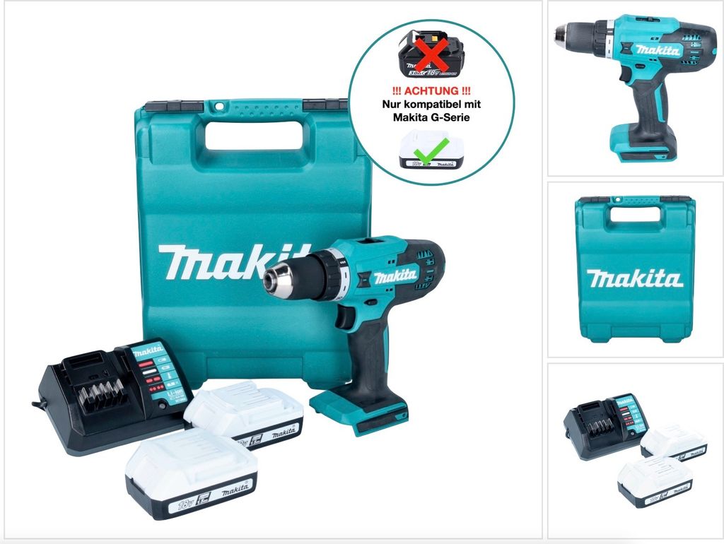 Makita DF 488 DWE Akku Bohrschrauber 18 V 42 Nm G-Serie + 2x Akku 1,5 Ah + Ladegerät + Koffer