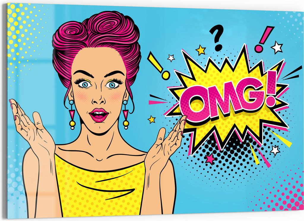 DEQORI Glasbild Echtglas 90x60 cm 'Comic-Frau erstaunt: OMG' Wandbild Bild modern Deko