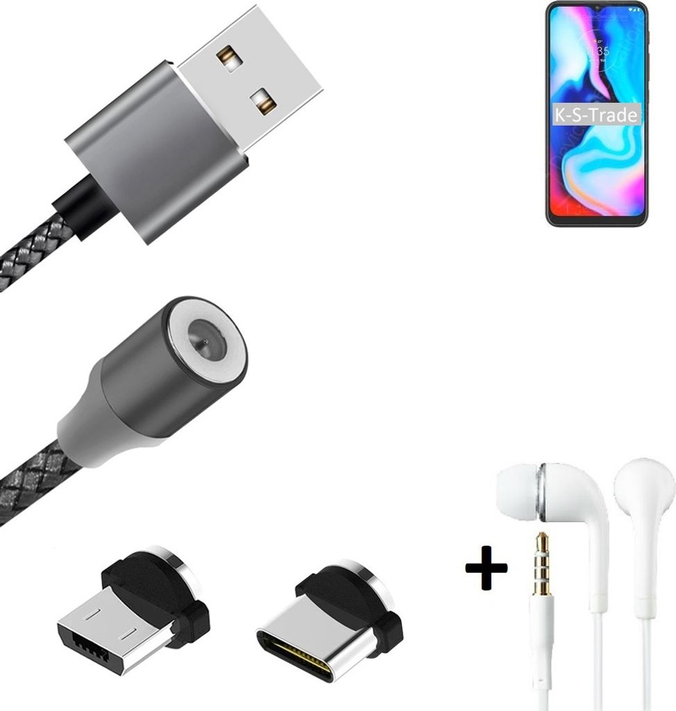 K-S-Trade Hochwertiges Magnet-Lade-kabel Sync-Kabel Daten-Kabel + Kopfhörer für Motorola Moto E7 Plus mit USB-Typ-C-Anschluss und