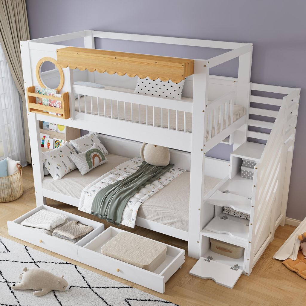 okwish Etagenbett 90x200 Kinderbett ohne Matratze mit zwei Schublade mit Rollen,Jugendbett mit einer Reihe von 2 Meter langen Regalen,Doppelbett mi...